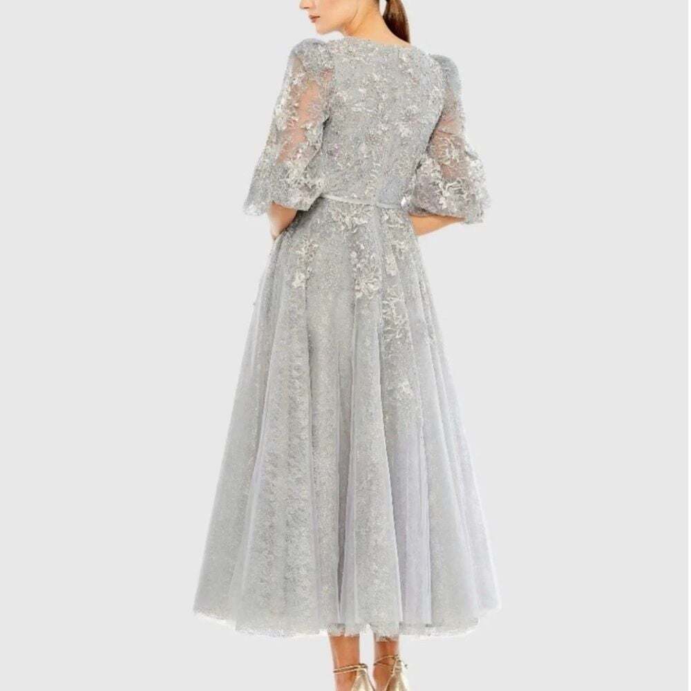 BRAND NEW Mac Duggal Embellished Lace Puff Sleeve Midi Dress in Silver SIZE 8 - Picture 3 of 6